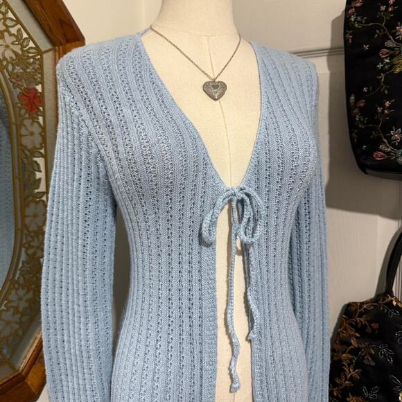 VTG Y2K Its Our Time Light Blue Open Knit Crochet Tie Front Duster Cardigan S - Picture 2 of 8